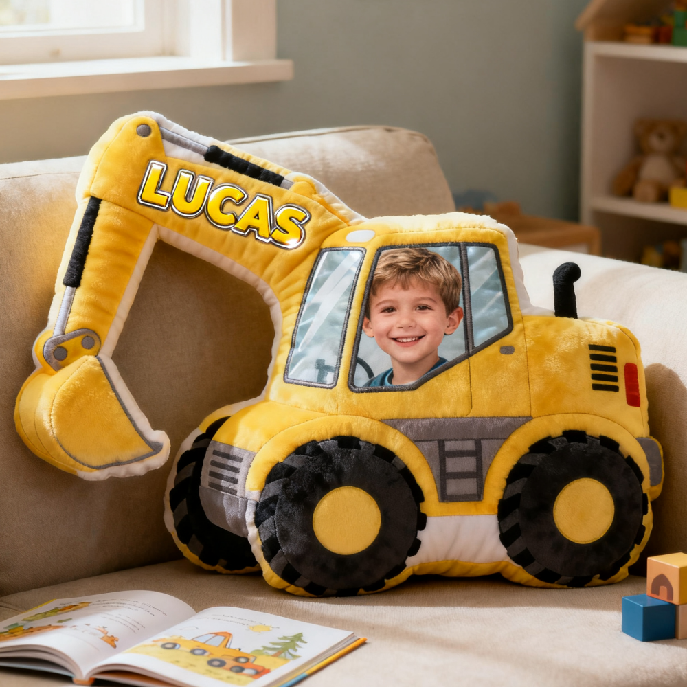 Personalized Excavator Photo Shaped Name Pillow For Kid