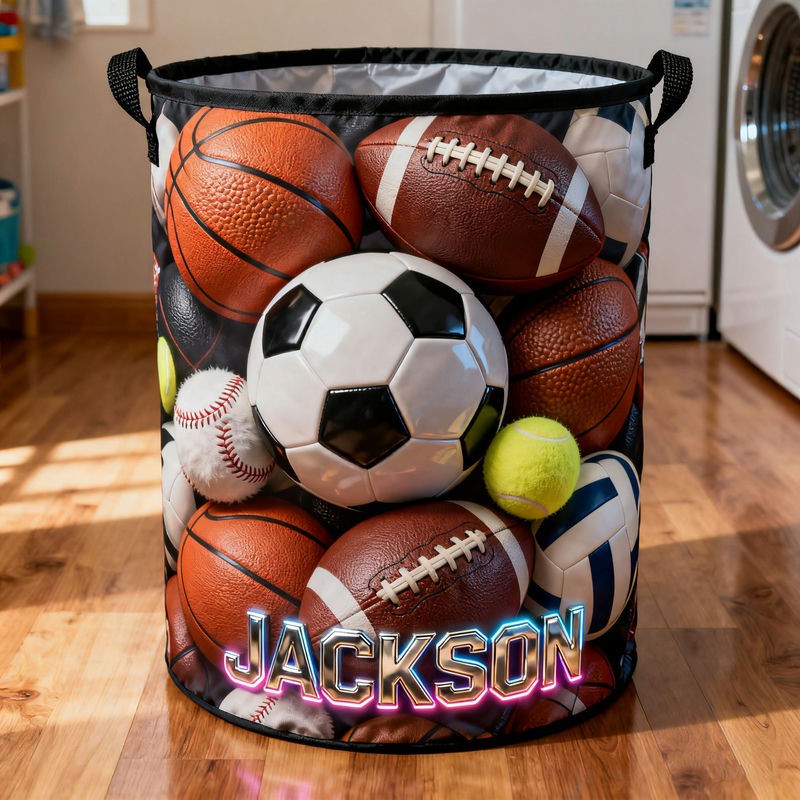 Personalized Sports Ball Themed Storage Basket with Custom Name for Sports Lovers