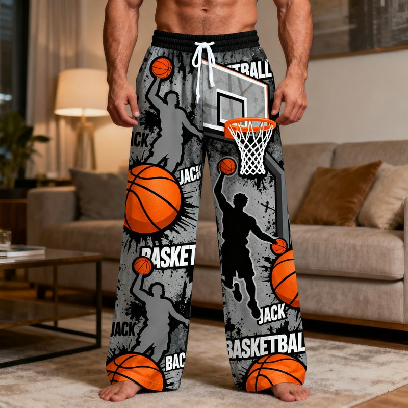 Personalized Basketball Print Themed Casual Pajama Pants with Custom Name for Basketball Lovers