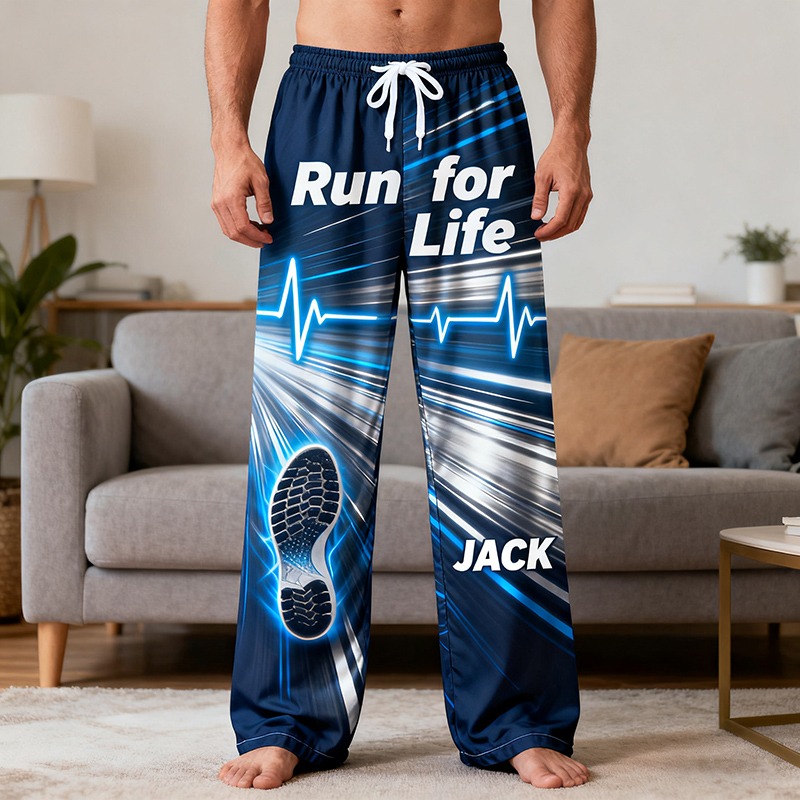 Personalized Running Print Themed Casual Sleep Pants with Custom Name for Enthusiasts