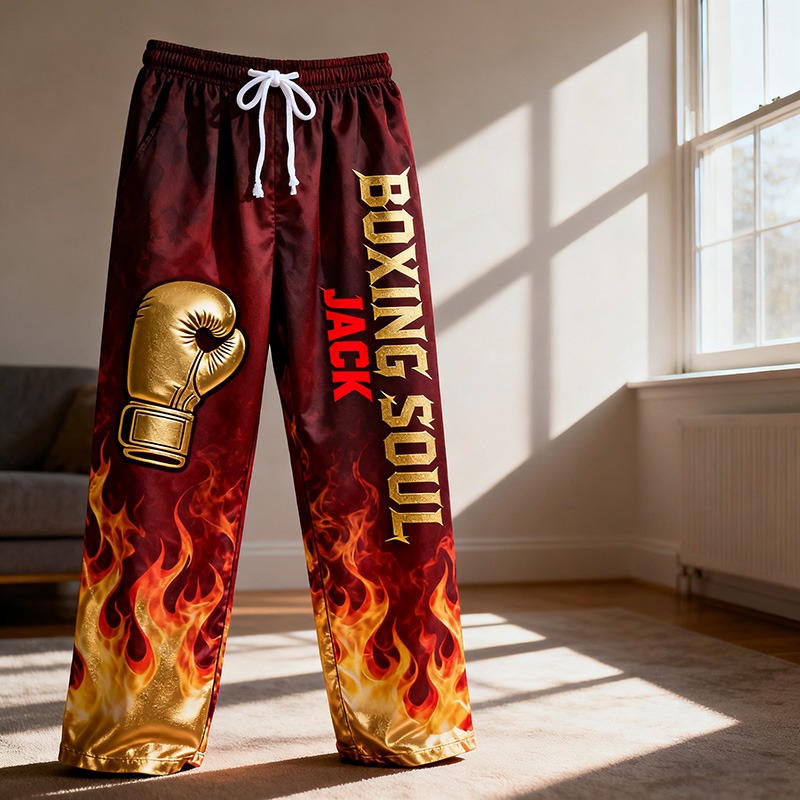 Personalized Boxing Print Themed Casual Pajama Pants with Custom Name for Enthusiasts