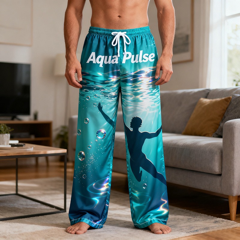Personalized Swim Print Themed Casual Pajama Pants with Custom Name for Enthusiasts