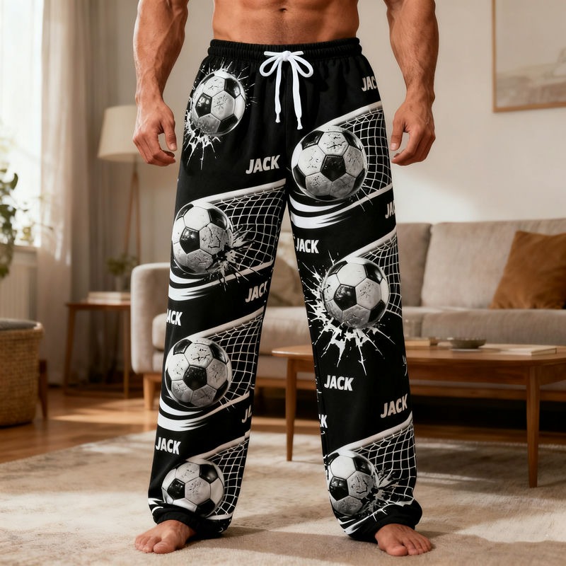 Personalized Soccer Print Themed Casual Pajama Pants with Custom Name for Kid