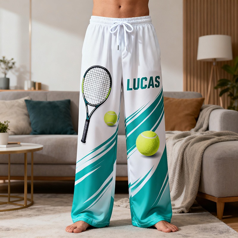 Personalized Tennis Print Themed Casual Pajama Pants with Custom Name for Enthusiasts