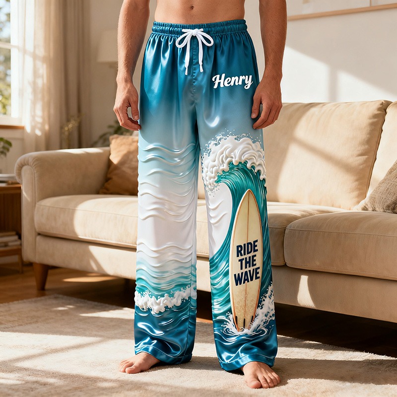 Personalized Surf Print Themed Casual Pajama Pants with Custom Name for Enthusiasts