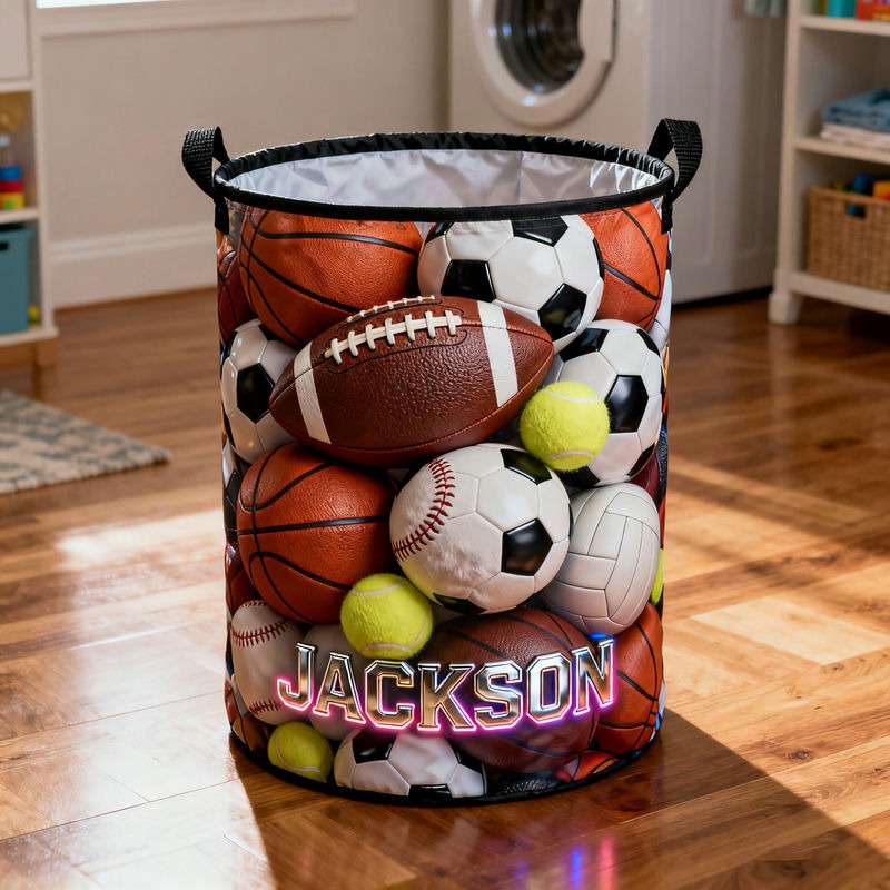 Personalized Sports Ball Themed Storage Basket with Custom Name for Sports Lovers