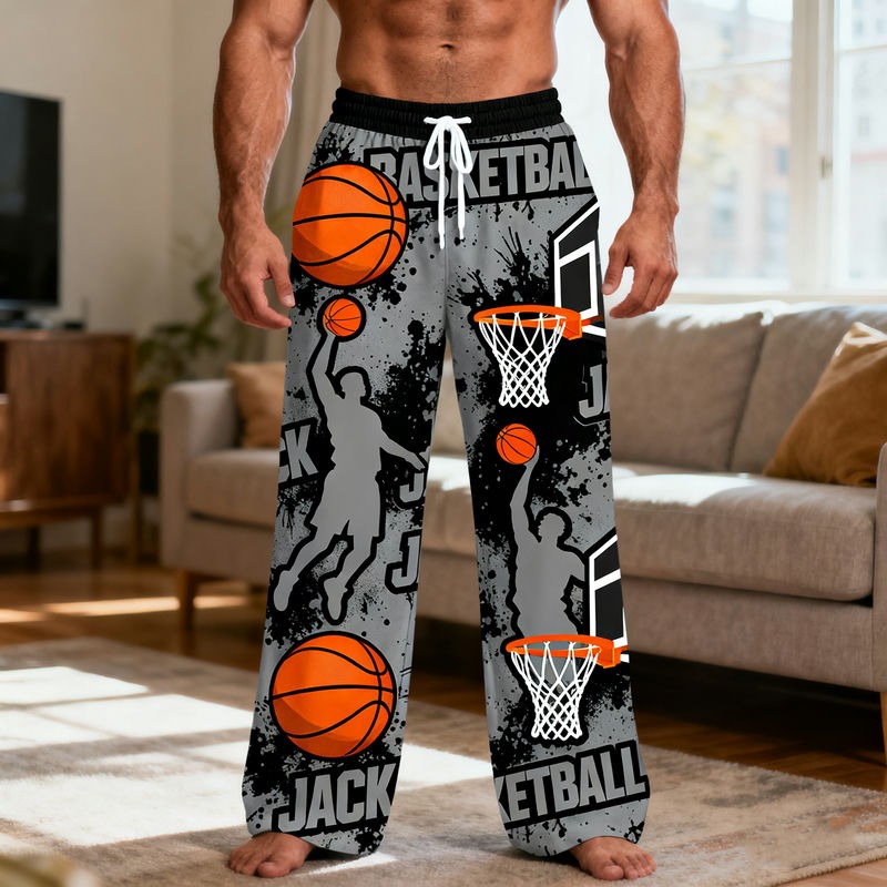 Personalized Basketball Print Themed Casual Pajama Pants with Custom Name for Basketball Lovers