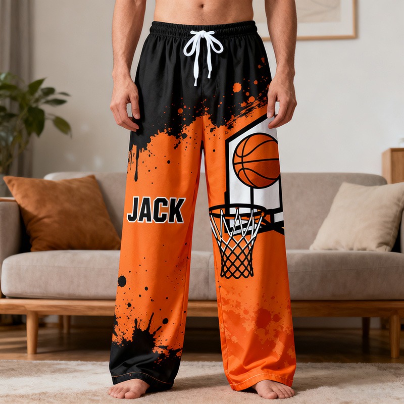 Personalized Basketball Print Casual Pajama Pants with Custom Name for Basketball Lovers
