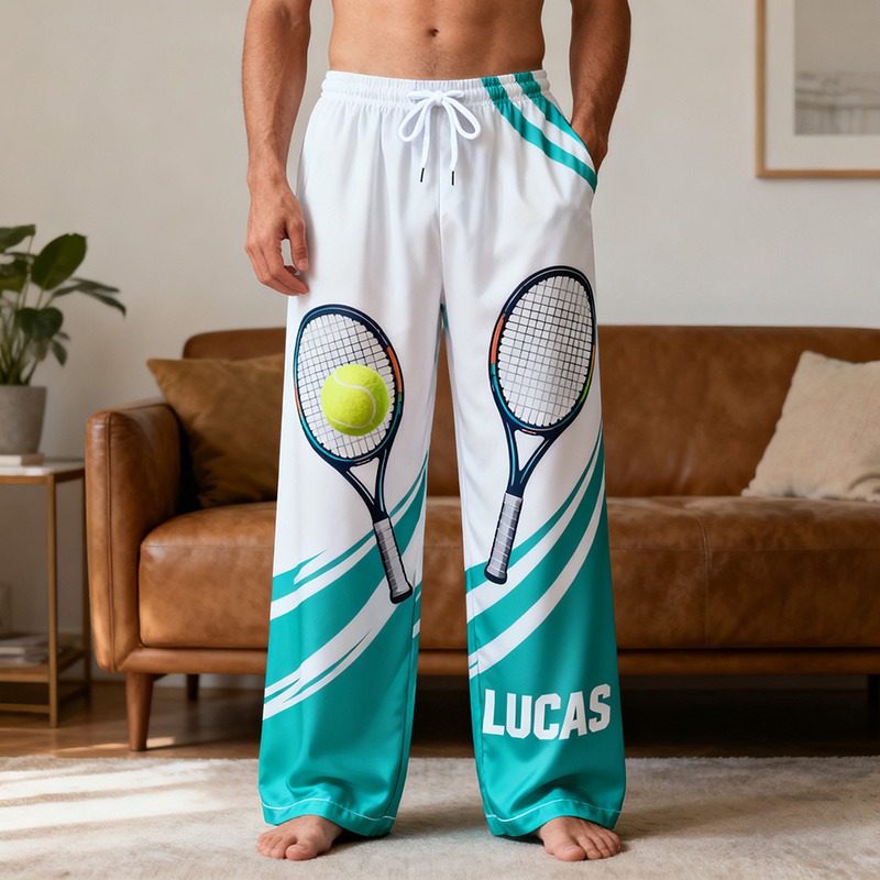Personalized Tennis Print Themed Casual Pajama Pants with Custom Name for Enthusiasts