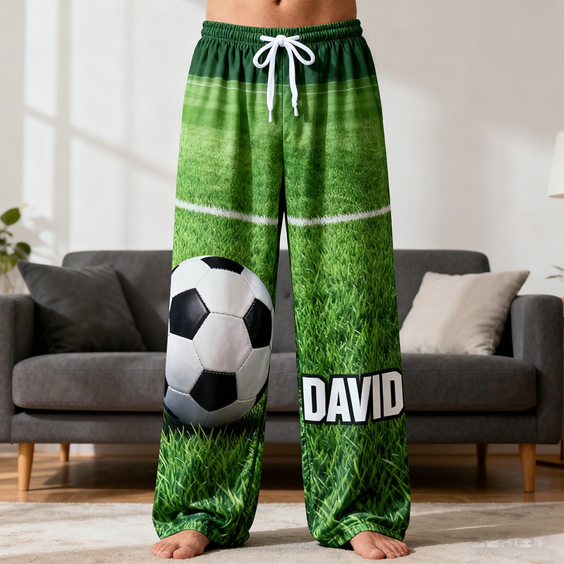 Personalized Soccer Print Themed Casual Pajama Pants with Custom Name for Soccer Lovers and Kid