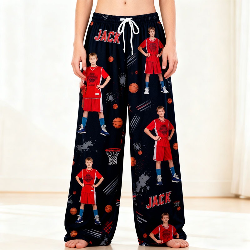 Personalized Basketball Print Themed Casual Pajama Pants with Photo and Custom Name Design for Basketball Lovers