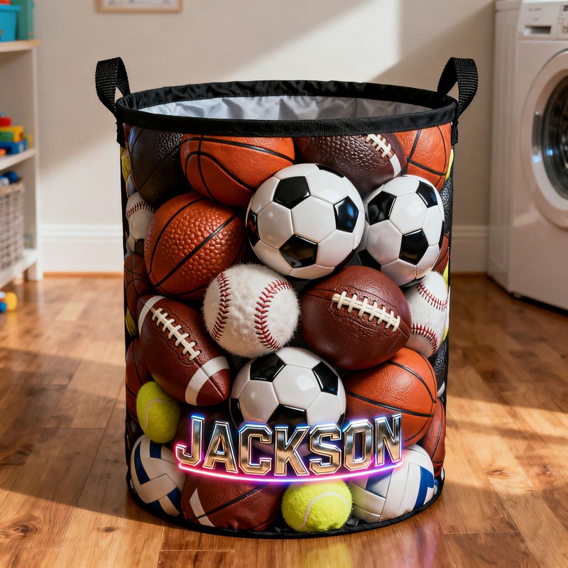 Personalized Sports Ball Themed Storage Basket with Custom Name for Sports Lovers