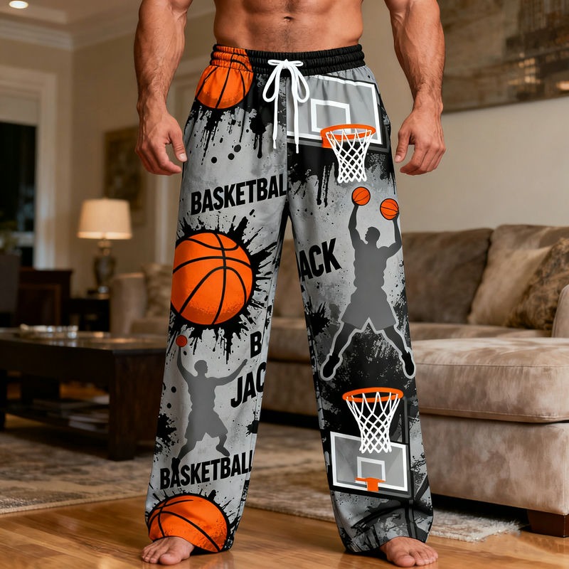 Personalized Basketball Print Themed Casual Pajama Pants with Custom Name for Basketball Lovers