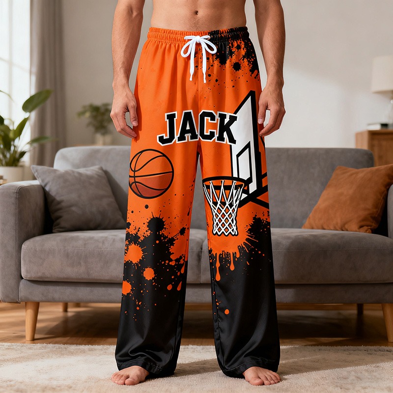 Personalized Basketball Print Casual Pajama Pants with Custom Name for Basketball Lovers