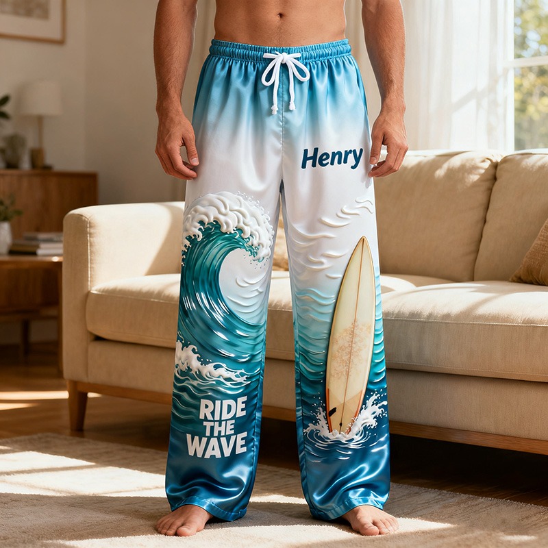 Personalized Surf Print Themed Casual Pajama Pants with Custom Name for Enthusiasts