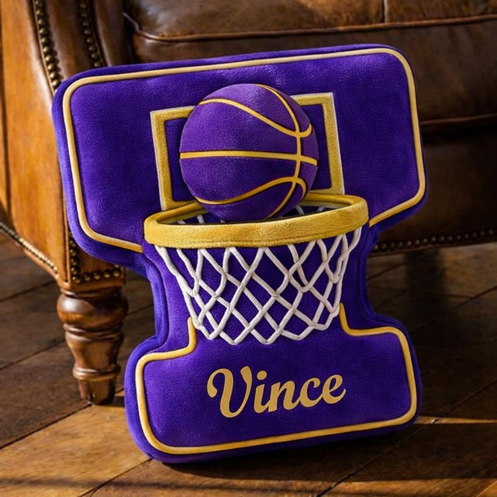 Personalized 3D Basketball Hoop Pillow with Name for Purple Gold Team or Basketball Season Gift