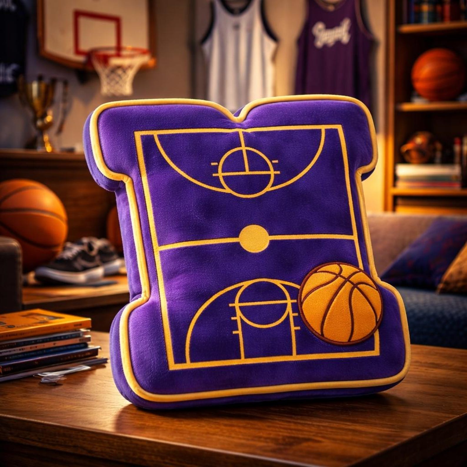 Basketball Court Pillow for Purple Gold Team Fans or Basketball Season Gift
