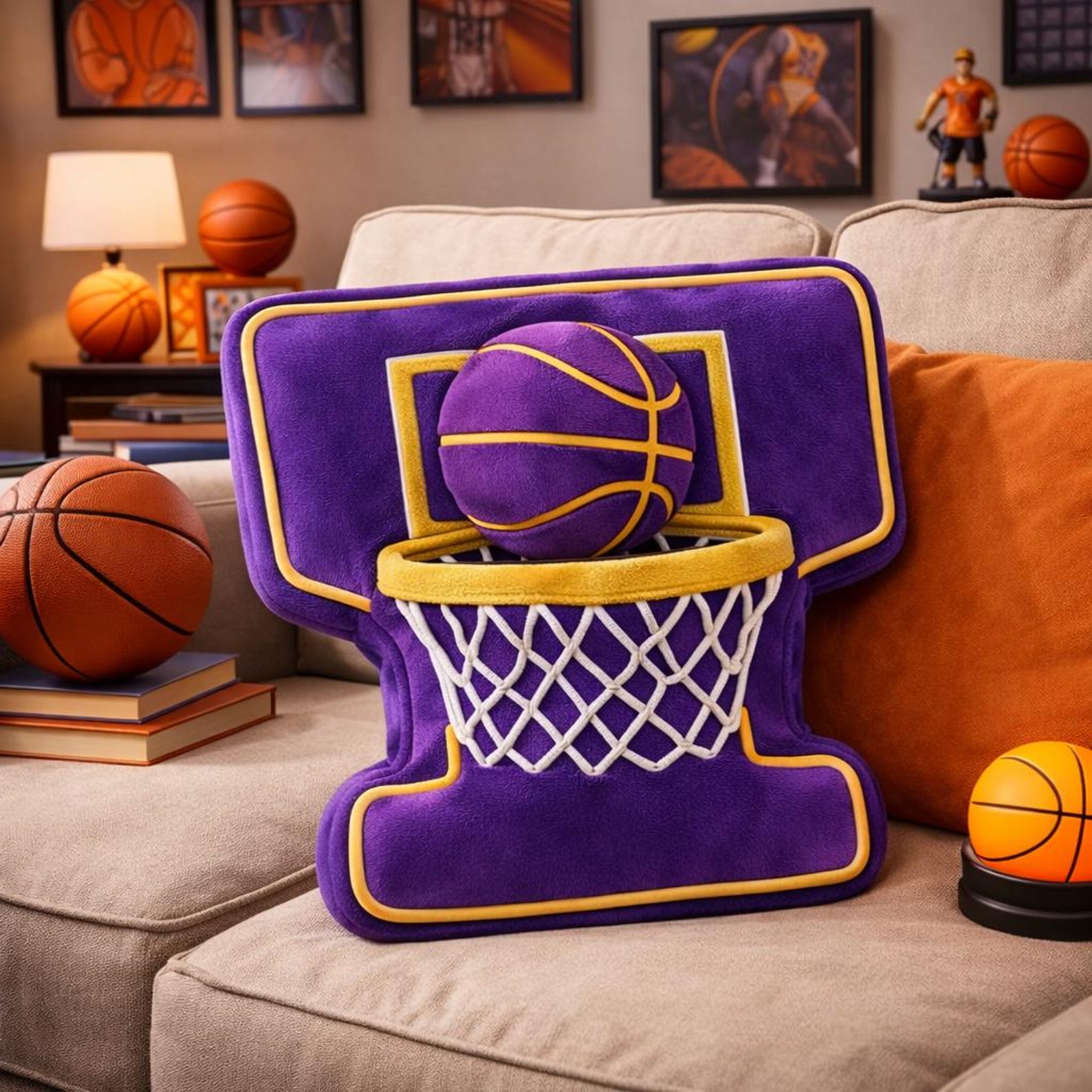 Personalized 3D Basketball Hoop Pillow with Name for Purple Gold Team or Basketball Season Gift