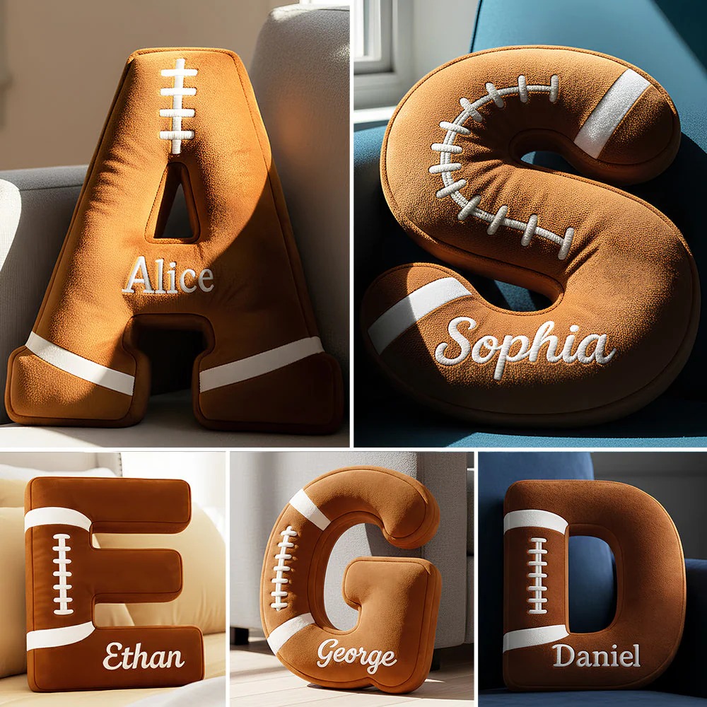 Personalized Football Letter Shaped Pillow Custom Initial Pillow with name Sports Enthusiasts Football Lover Player Fans Gifts