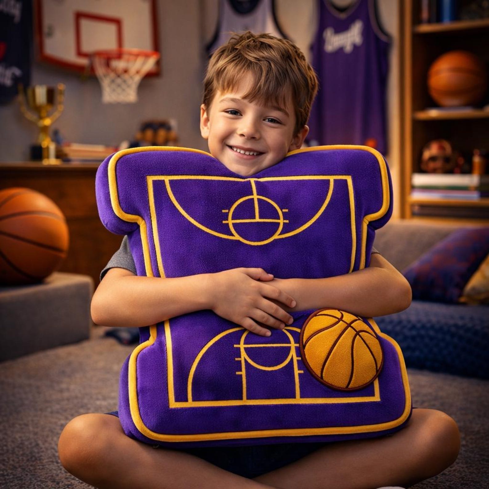 Basketball Court Pillow for Purple Gold Team Fans or Basketball Season Gift