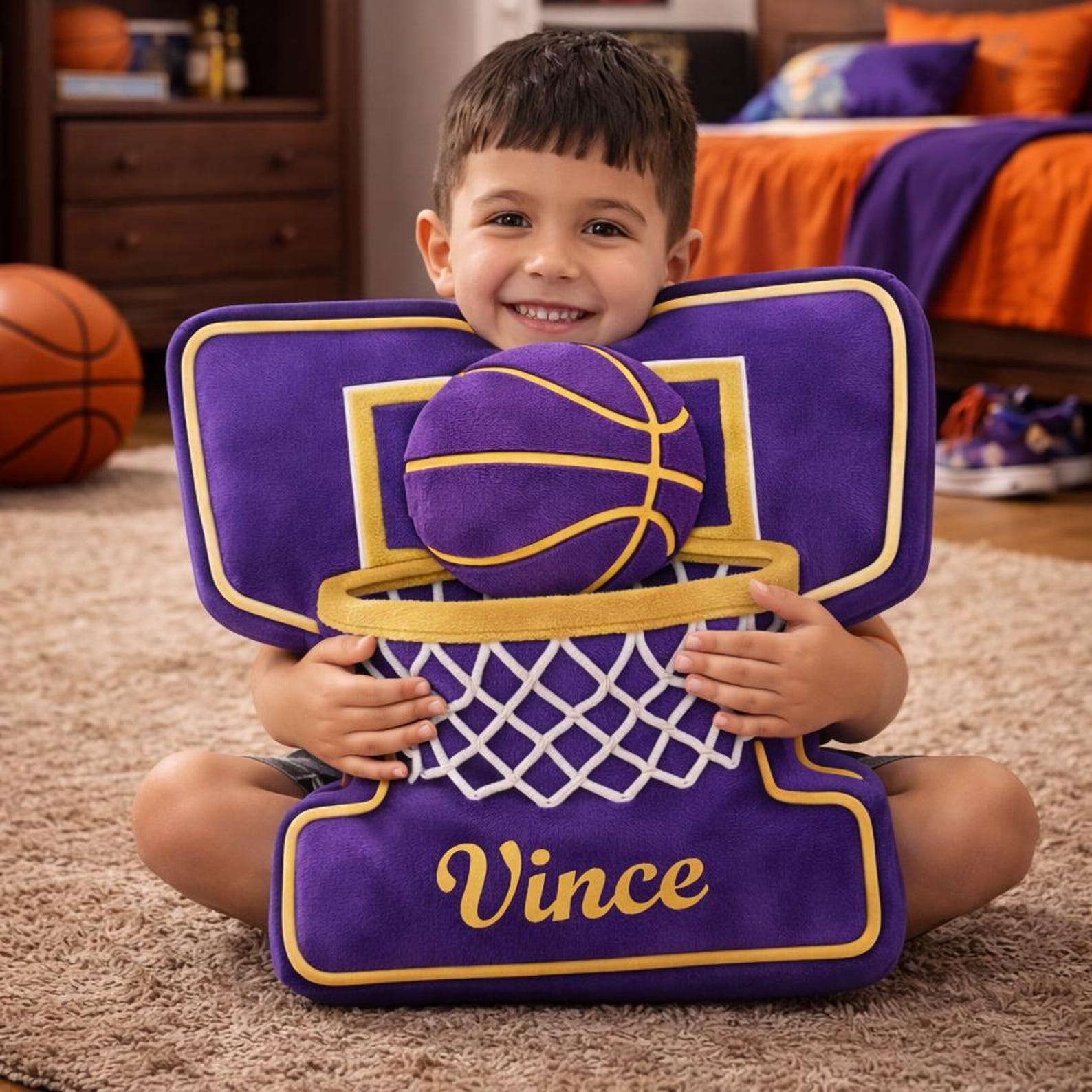 Personalized 3D Basketball Hoop Pillow with Name for Purple Gold Team or Basketball Season Gift