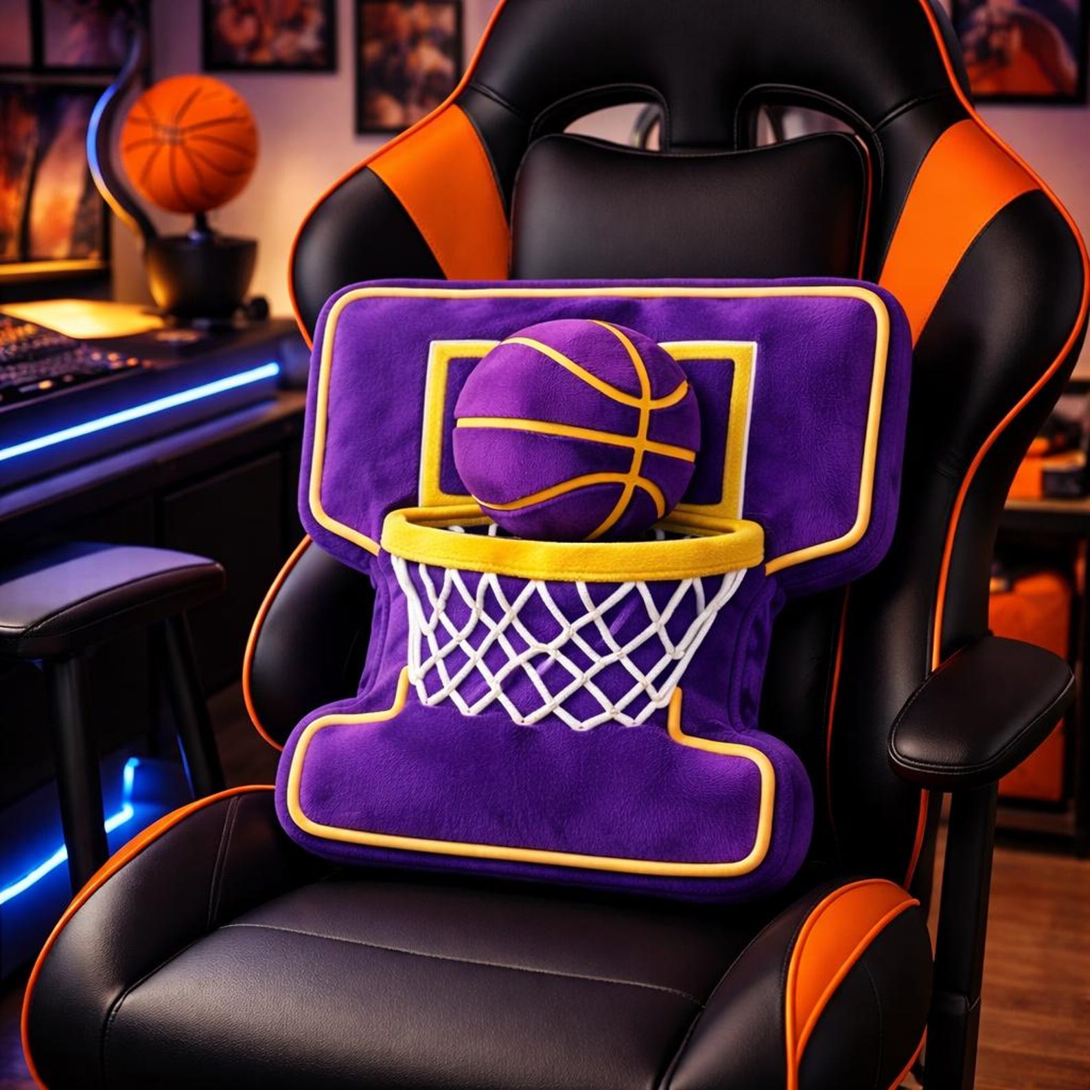 Personalized 3D Basketball Hoop Pillow with Name for Purple Gold Team or Basketball Season Gift
