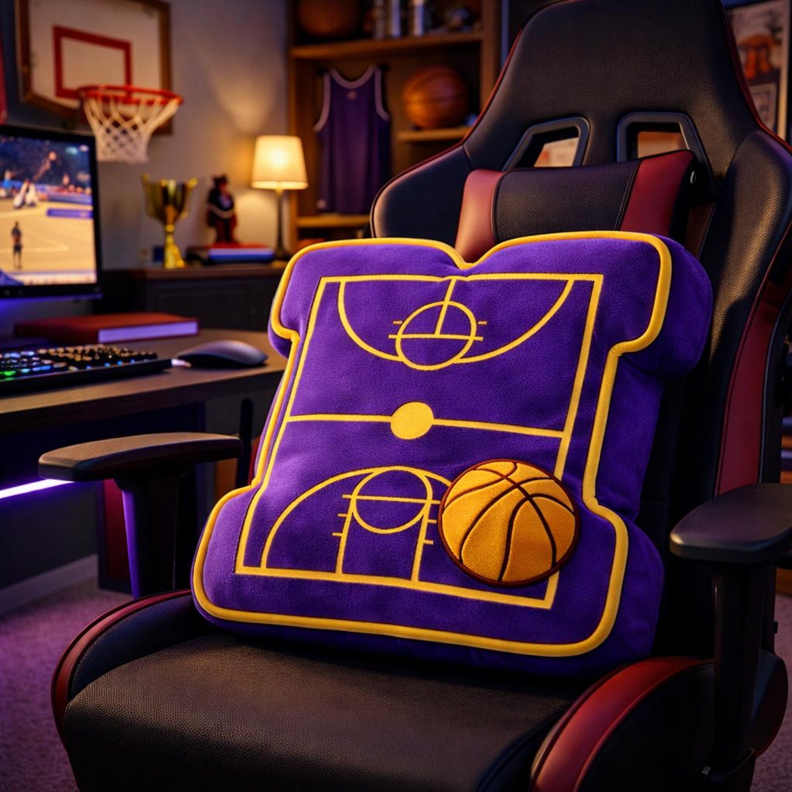 Basketball Court Pillow for Purple Gold Team Fans or Basketball Season Gift