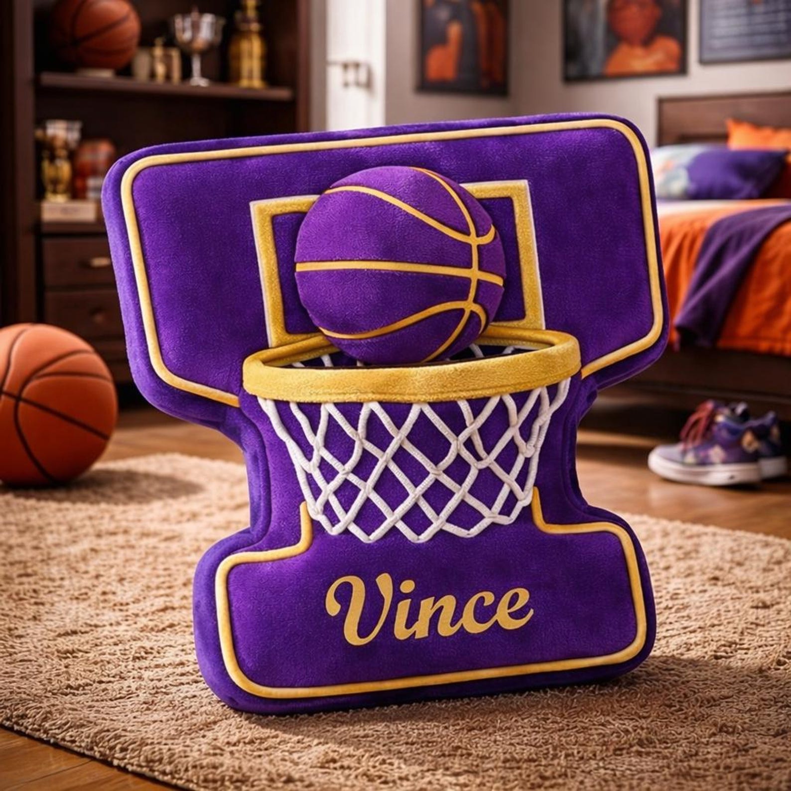 Personalized 3D Basketball Hoop Pillow with Name for Purple Gold Team or Basketball Season Gift