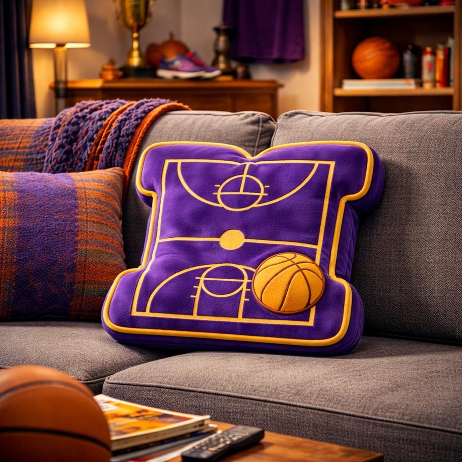 Basketball Court Pillow for Purple Gold Team Fans or Basketball Season Gift