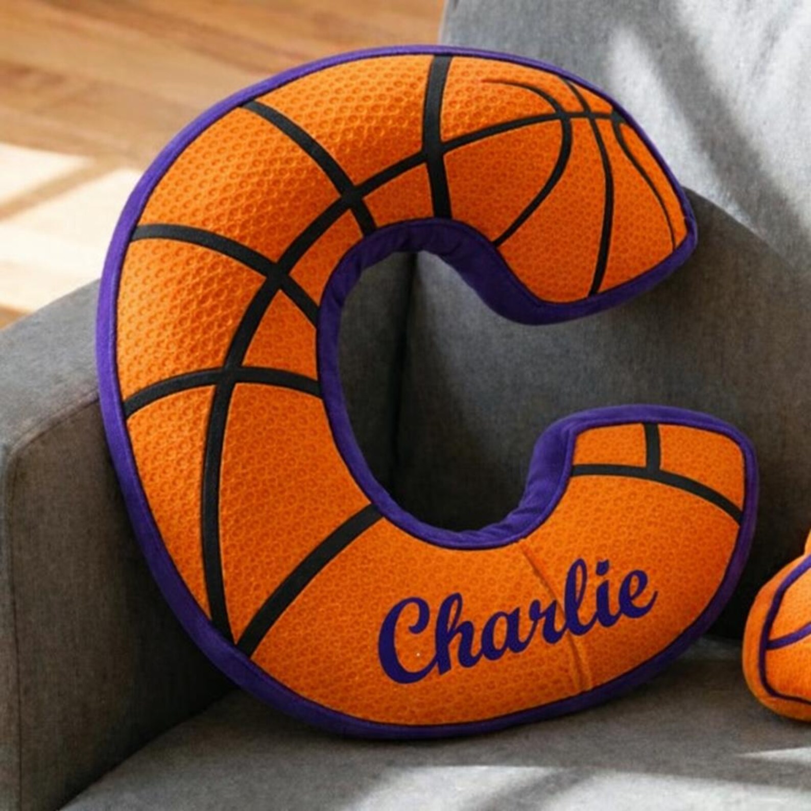 Personalized Name Letter Basketball Pillow with Name for Orange & Purple Team Fan