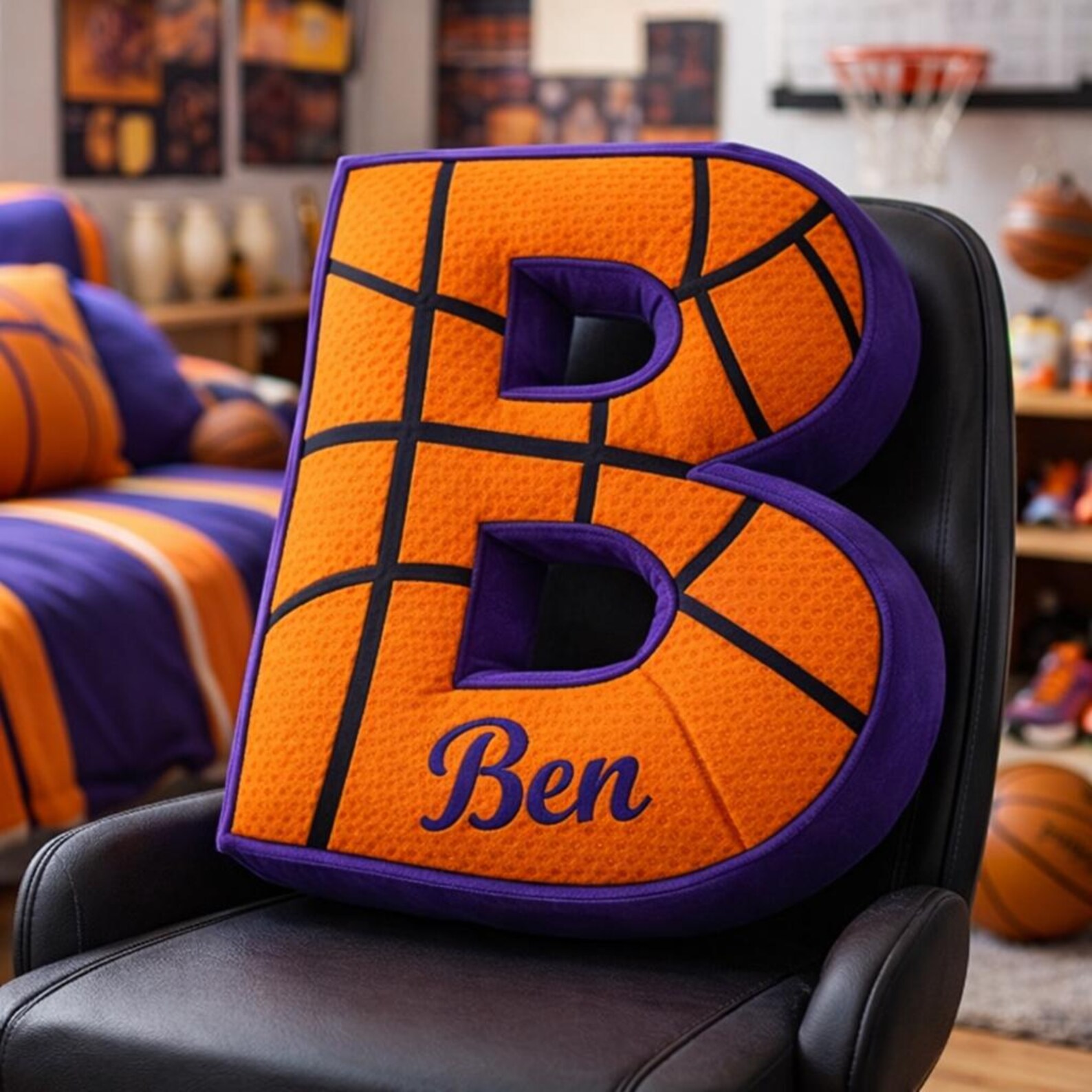 Personalized Name Letter Basketball Pillow with Name for Orange & Purple Team Fan