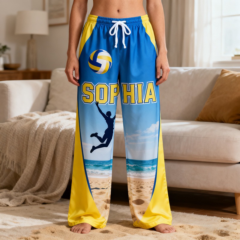 Personalized Volleyball Print Themed Casual Pajama Pants with Custom Name for Enthusiasts