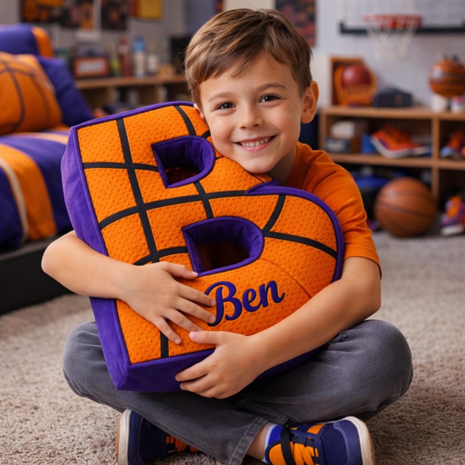 Personalized Name Letter Basketball Pillow with Name for Orange & Purple Team Fan