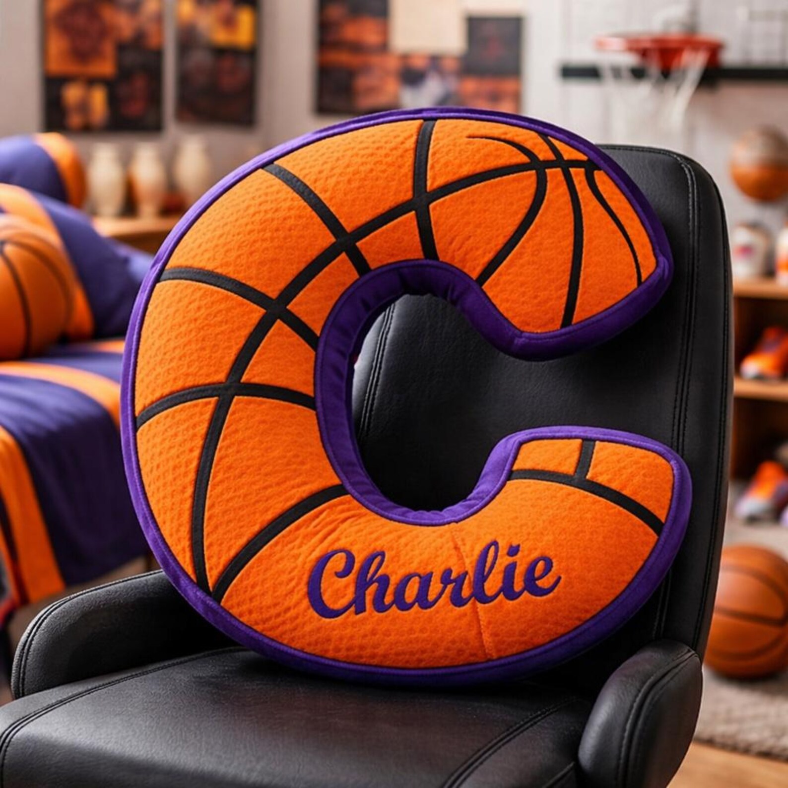 Personalized Name Letter Basketball Pillow with Name for Orange & Purple Team Fan