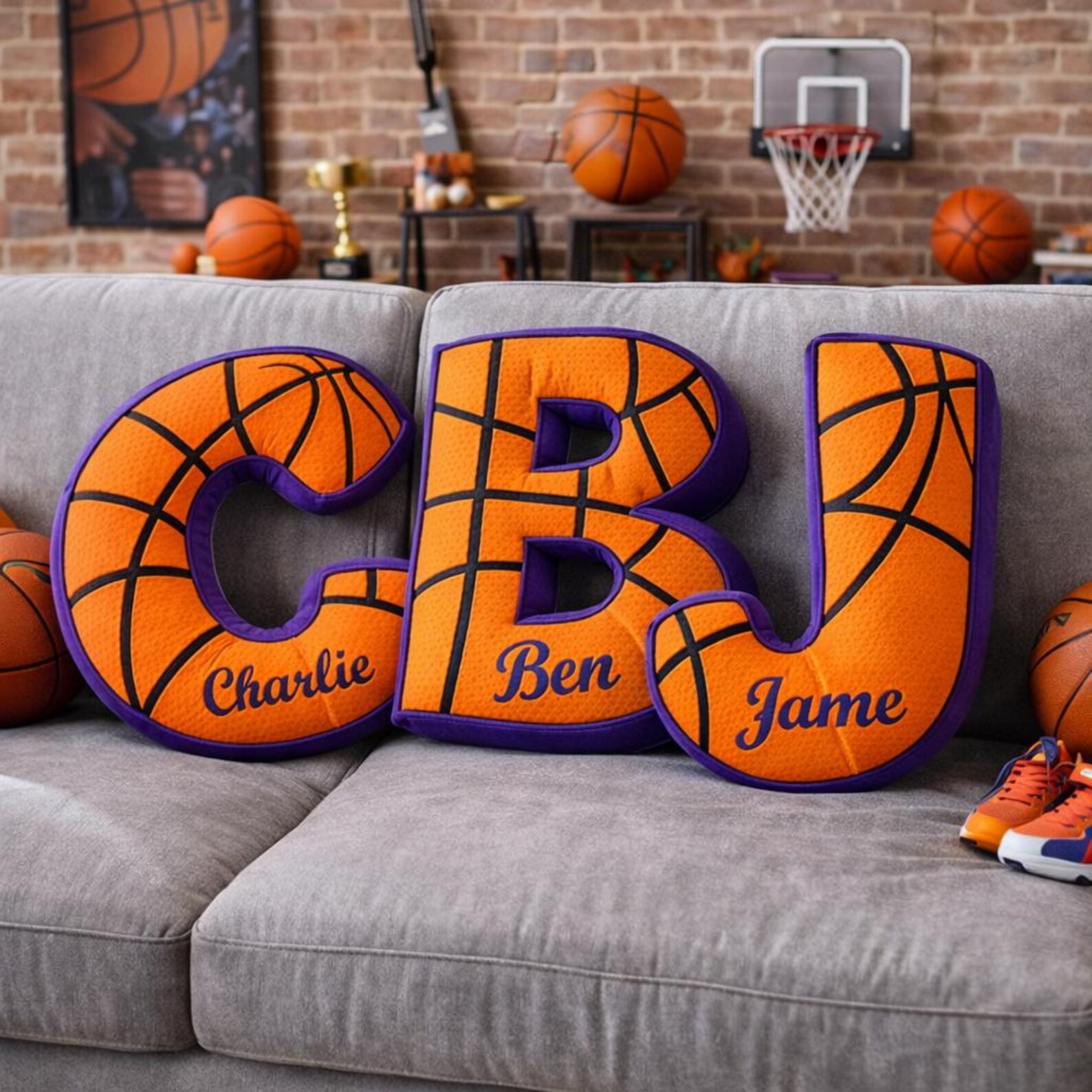 Personalized Name Letter Basketball Pillow with Name for Orange & Purple Team Fan