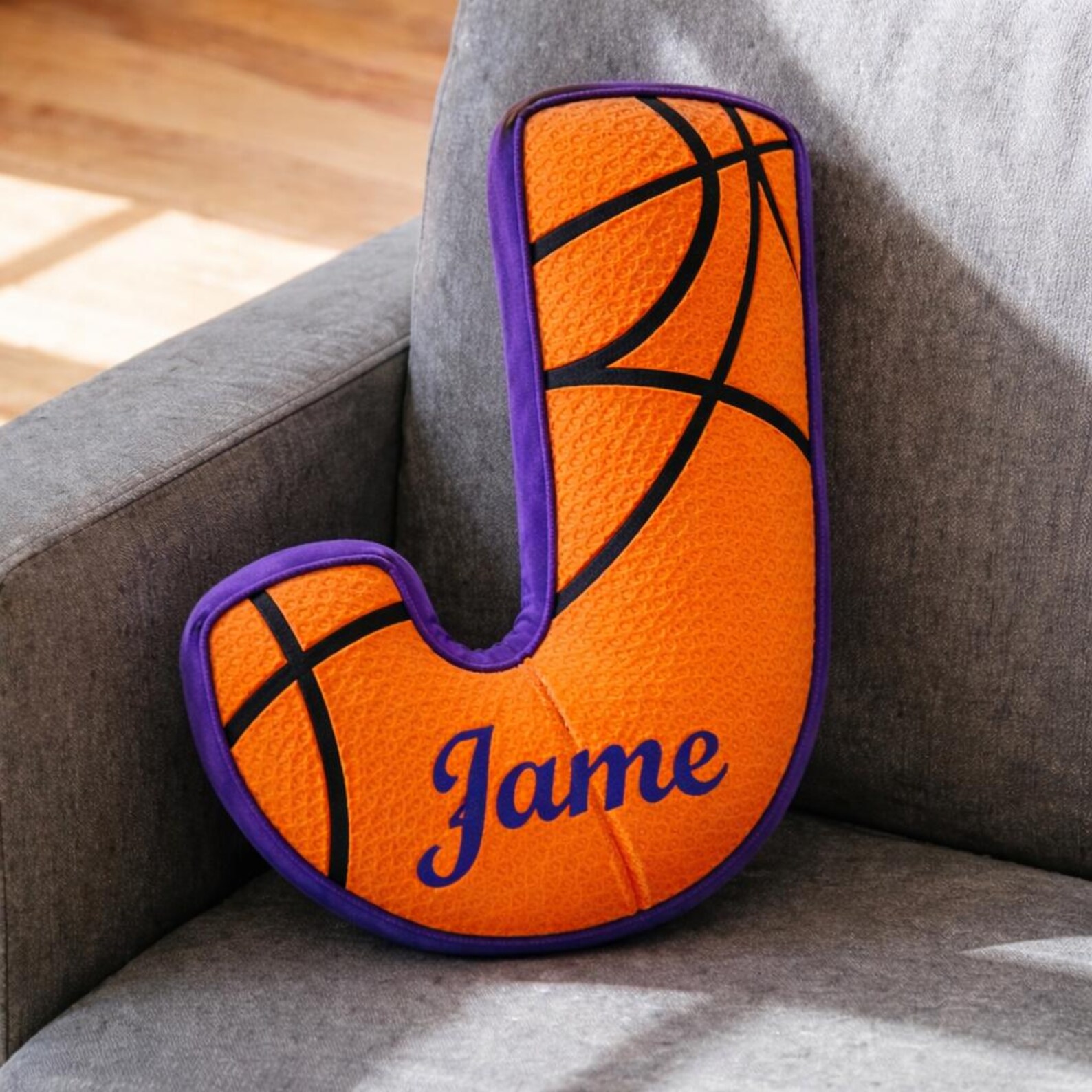 Personalized Name Letter Basketball Pillow with Name for Orange & Purple Team Fan