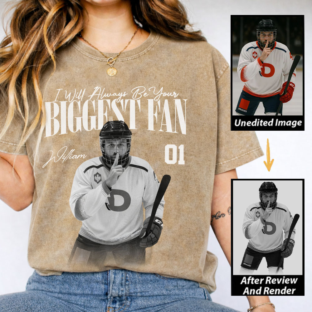 Personalized Ice Hockey Fan Washed T-Shirt with Custom Player Image, Name, and Number