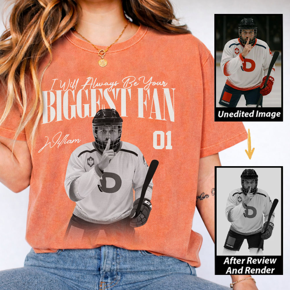 Personalized Ice Hockey Fan Washed T-Shirt with Custom Player Image, Name, and Number