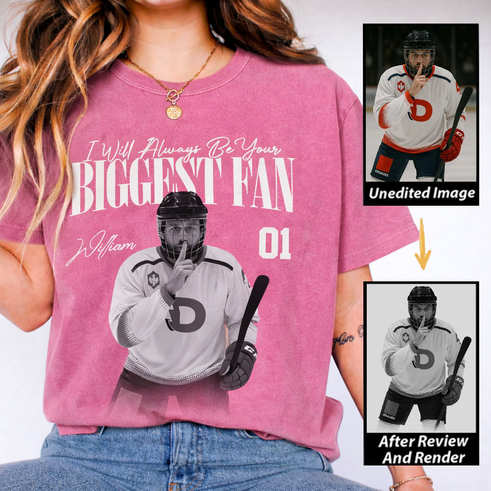 Personalized Ice Hockey Fan Washed T-Shirt with Custom Player Image, Name, and Number