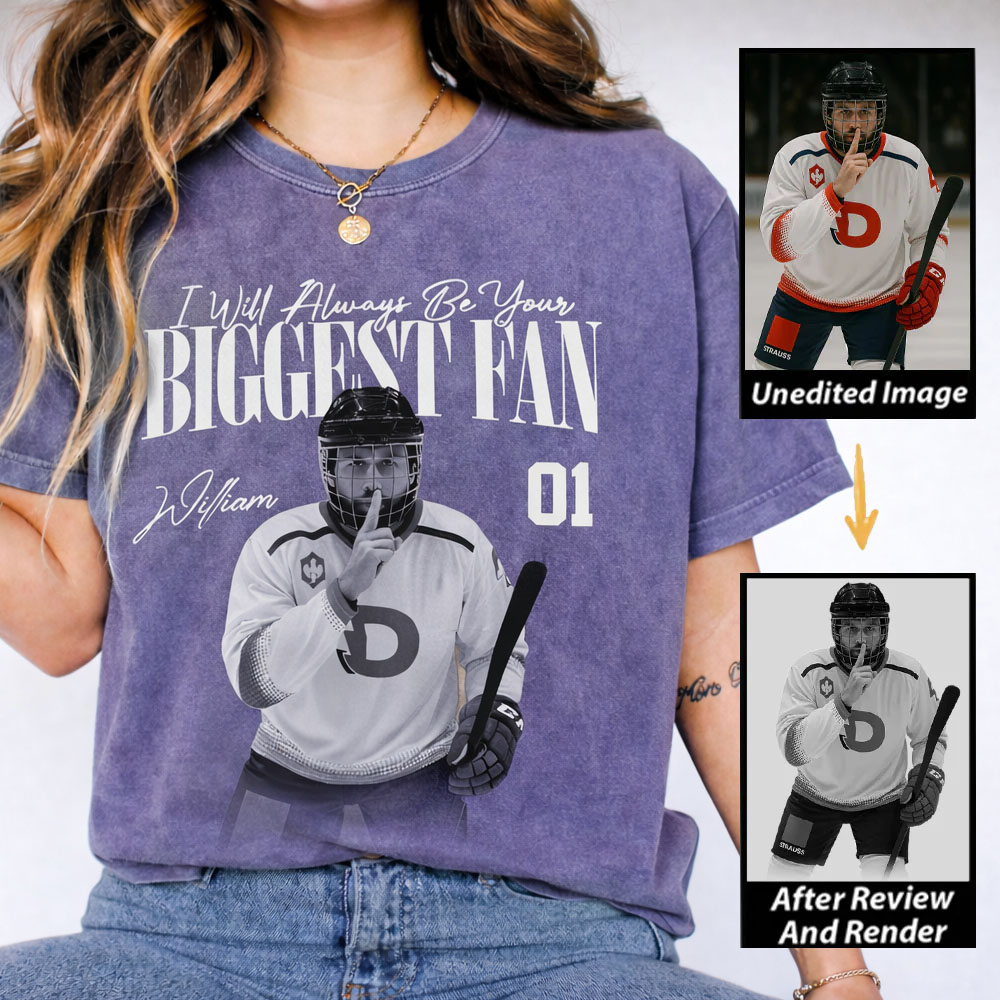 Personalized Ice Hockey Fan Washed T-Shirt with Custom Player Image, Name, and Number