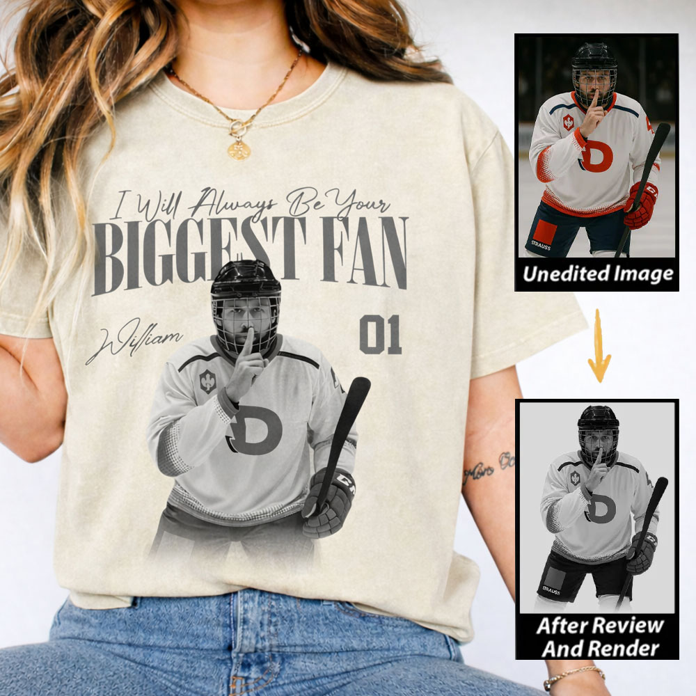 Personalized Ice Hockey Fan Washed T-Shirt with Custom Player Image, Name, and Number