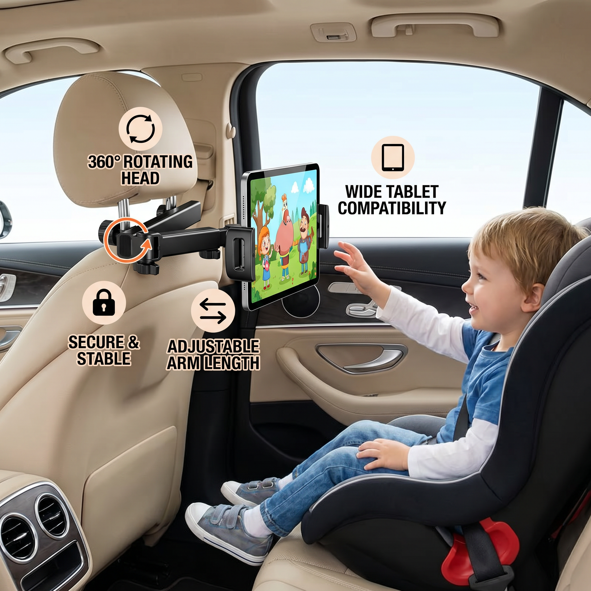 360° Rotating Car Headrest Tablet Holder – Back Seat Mount for Tablets