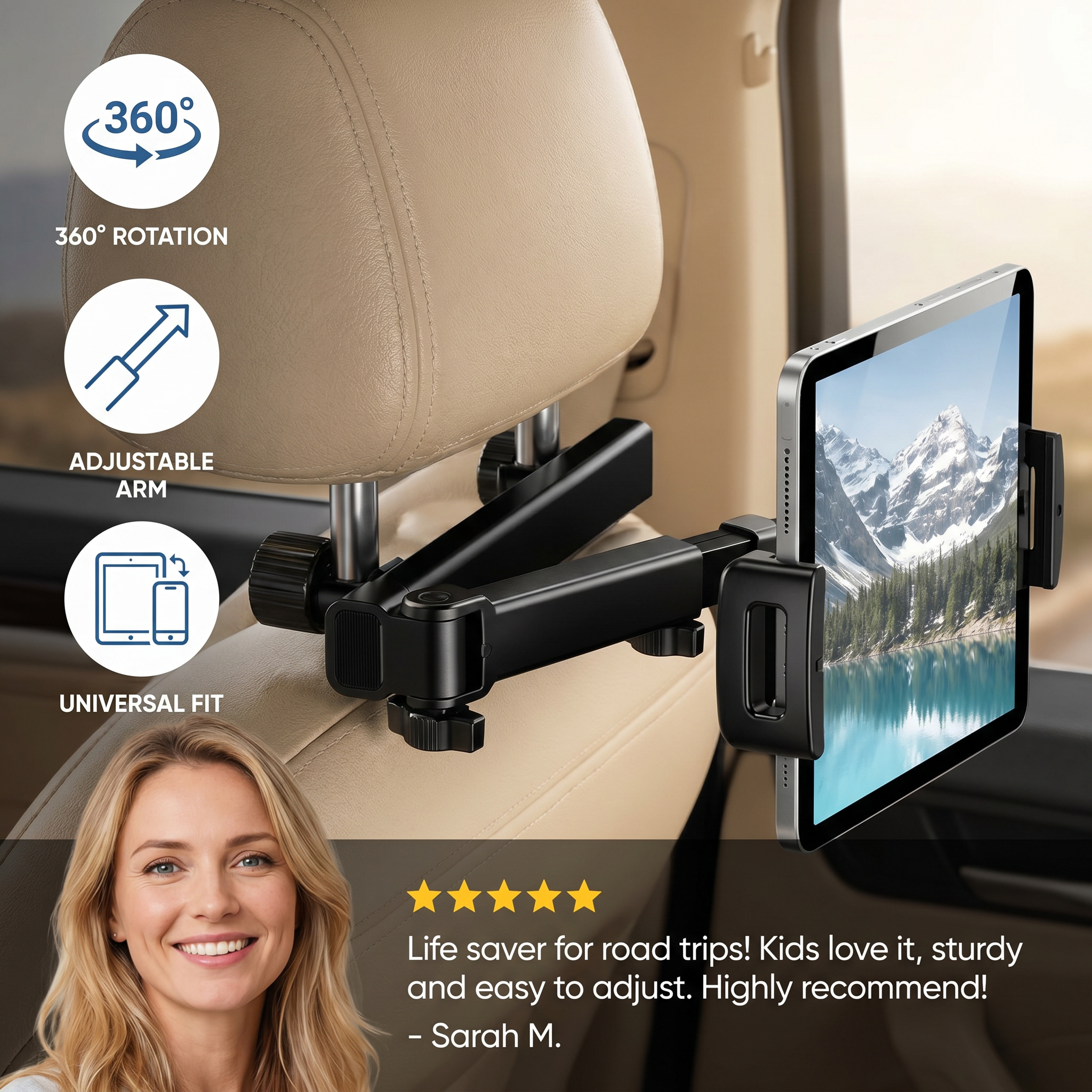 360° Rotating Car Headrest Tablet Holder – Back Seat Mount for Tablets