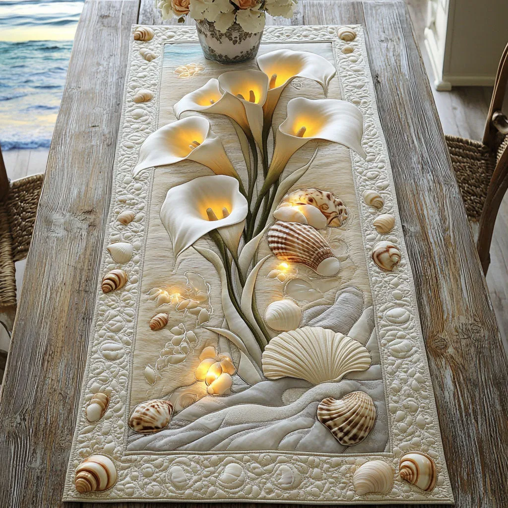 Coastal Calla Lily Glow Quilted Table Runner 🌊🤍✨