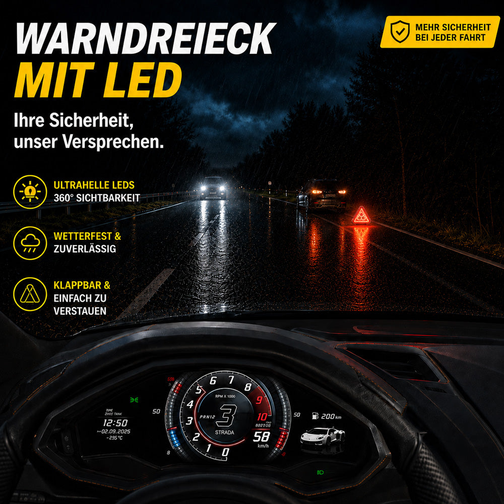 Rotes LED-Warndreieck aus Fahrersicht bei Nacht und Regen