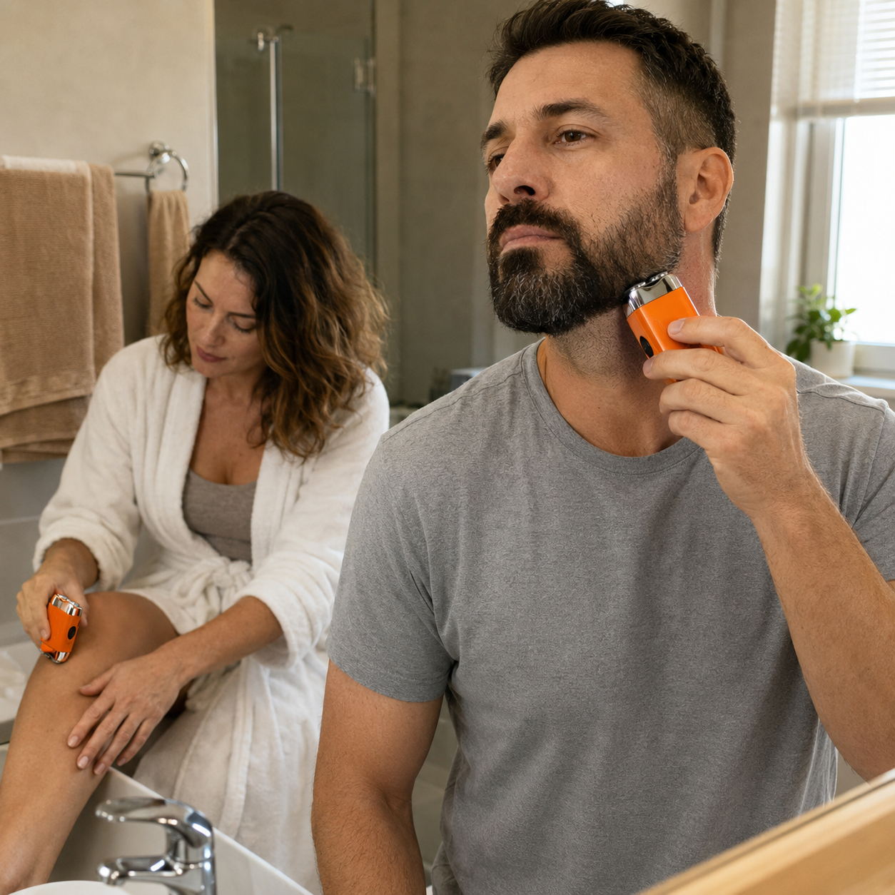 Suggested image: orange, blue, and black color options of the dual-head pocket shaver