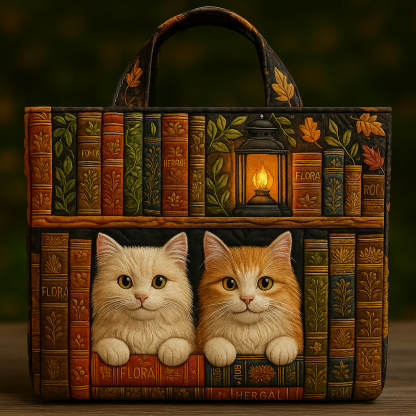 Whispers Between the Books — 3D Library Cat Quilted Tote Bag ✨