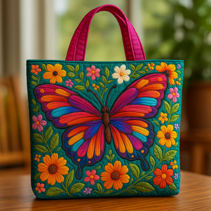 Rainbow Butterfly Quilted Tote Bag ⚡ Colorful Floral Patchwork Art