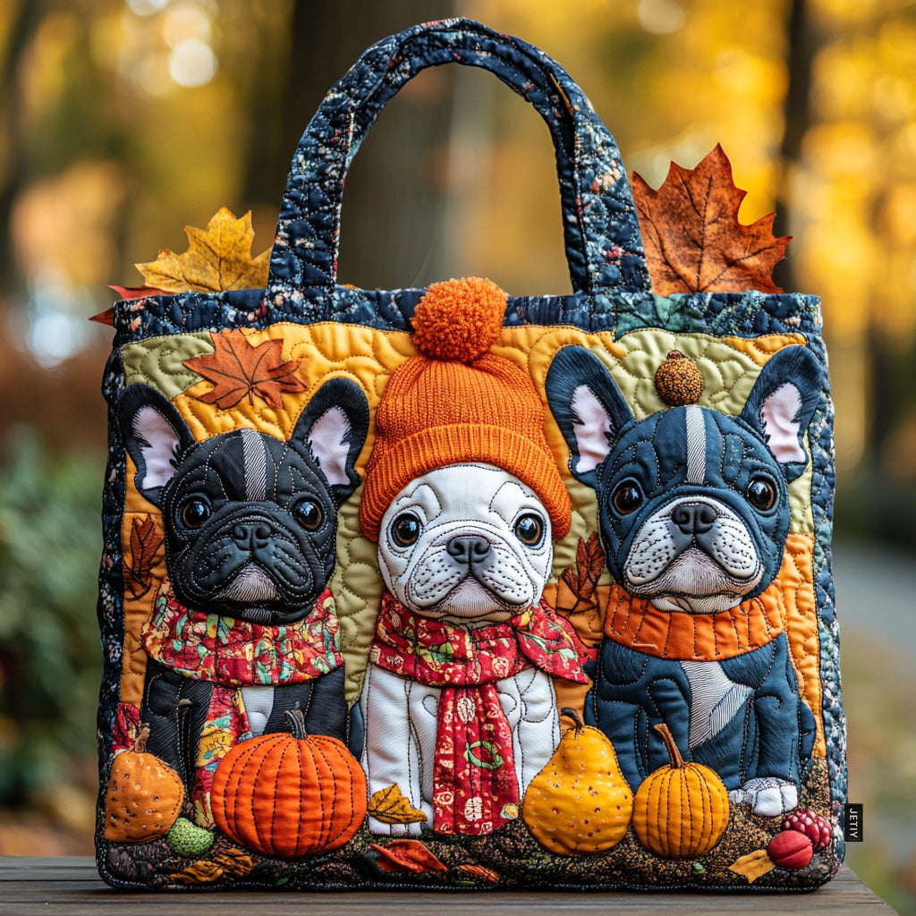 Fall French Bulldogs Quilted Tote Bag – Cozy Autumn Patchwork Art