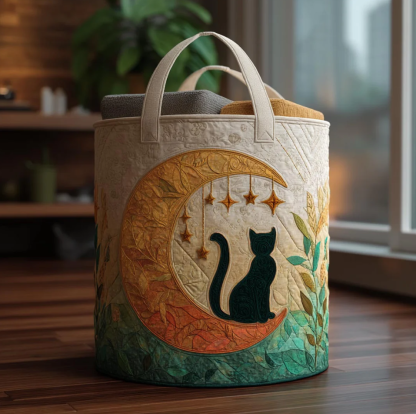 Artistic Black Cat Pattern Quilted Laundry Basket Eco-Friendly Machine Washable Storage Organizer for Home Cat Lover Room Decor | Cat